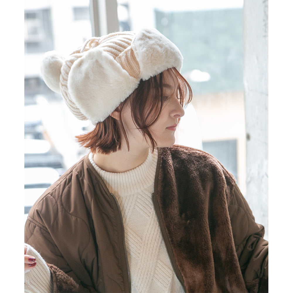 ファー耳付きニット