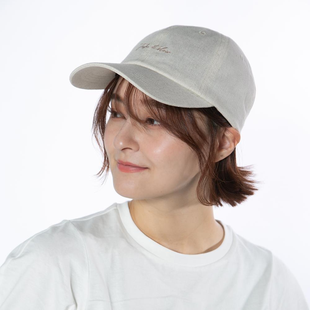 麻混筆記体刺繍キャップ