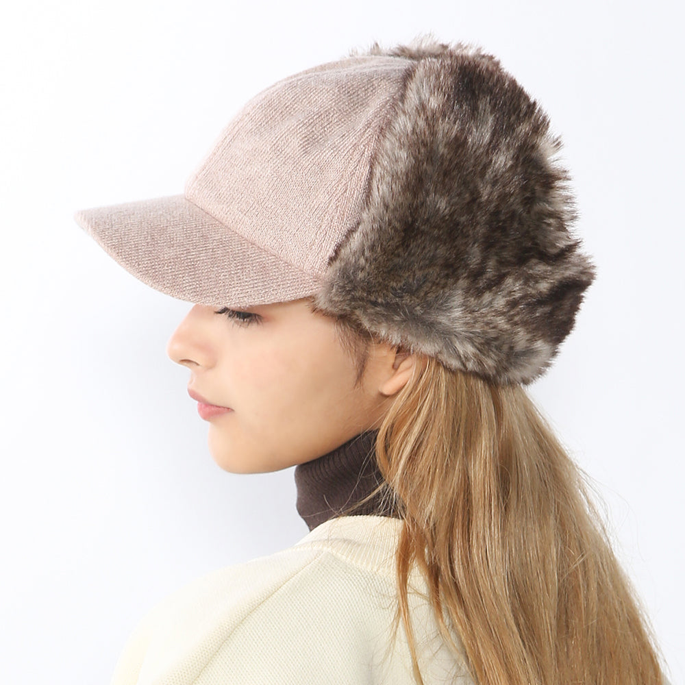 ニット生地フェイクファー付きキャップ