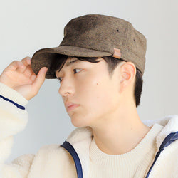 ヘリンボーンレザータグワークキャップ