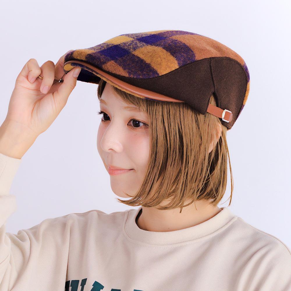 チェックレザー切替ハンチング